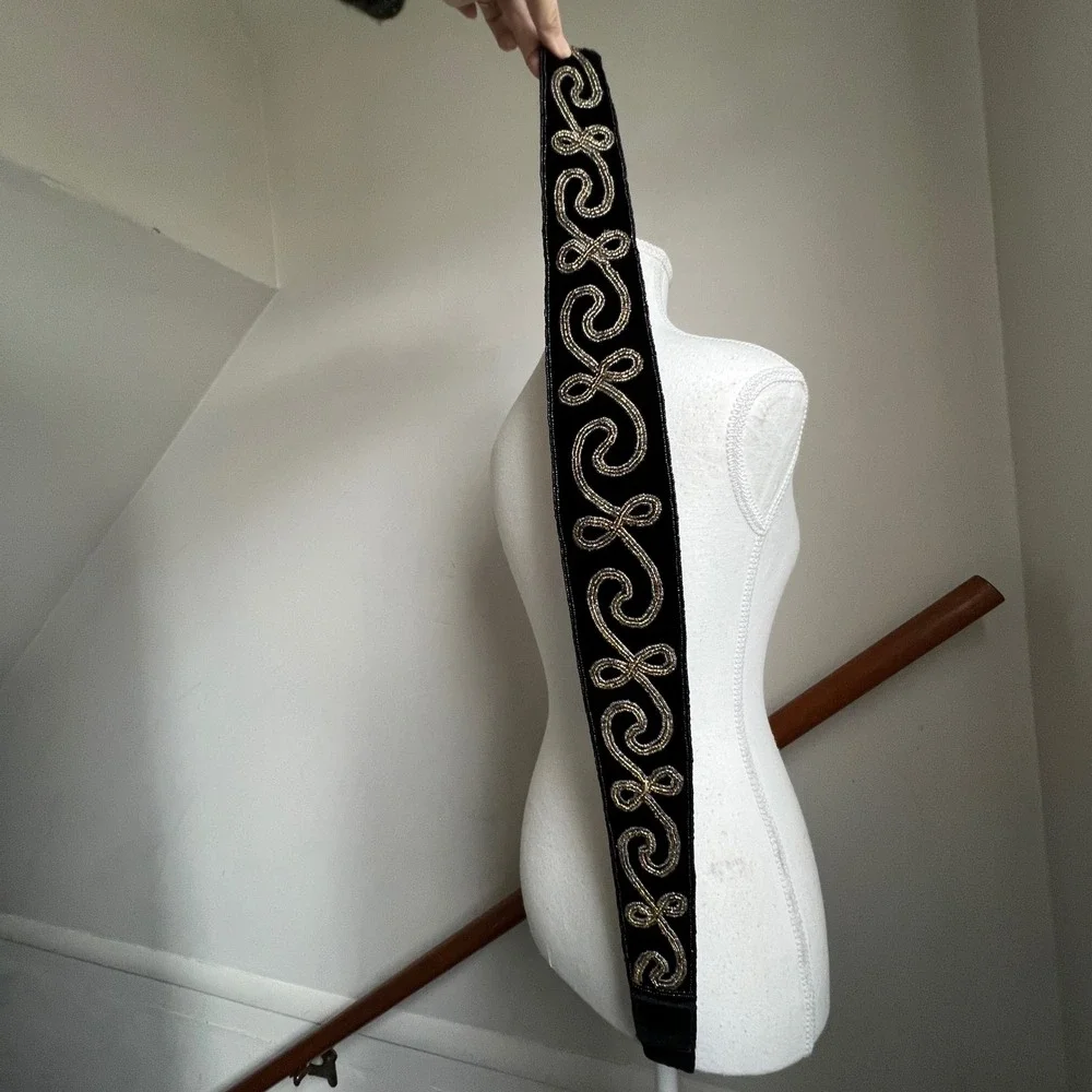 Vintage 90s Beaded Velvet Waist Belt Black Metallic Ornate Statement Chunky Wide